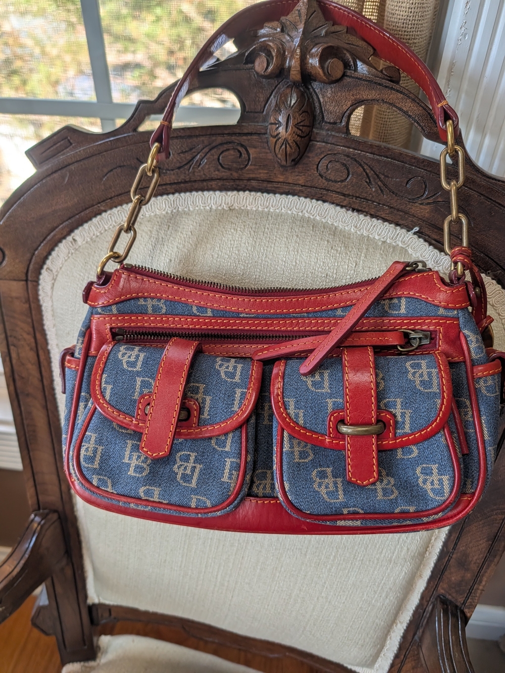 Dooney & Bourke Red and Denim Logo Shoulder Bag